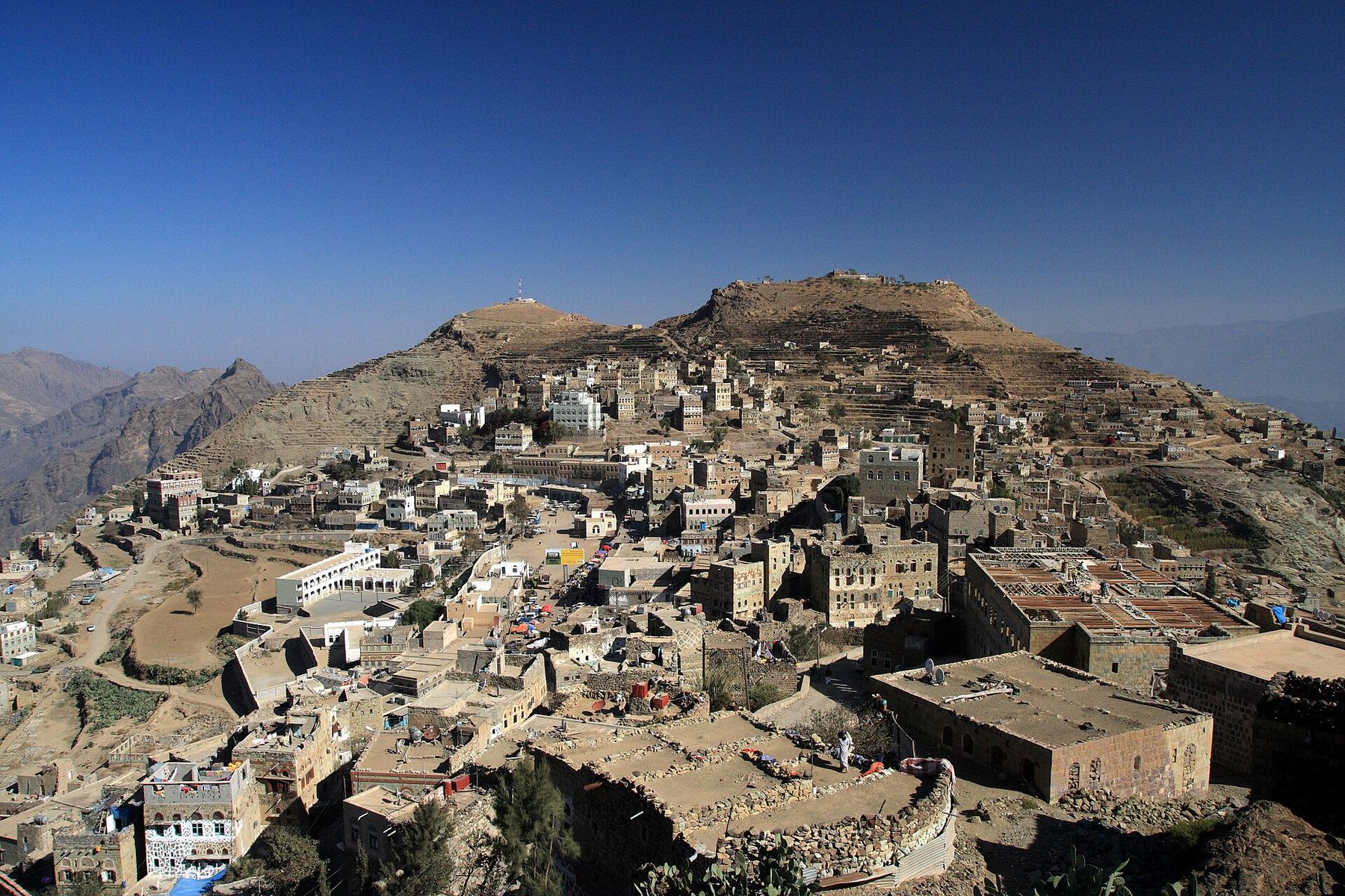The stone town of Manakhah on a ridge in the Haraz mountains of Yemen