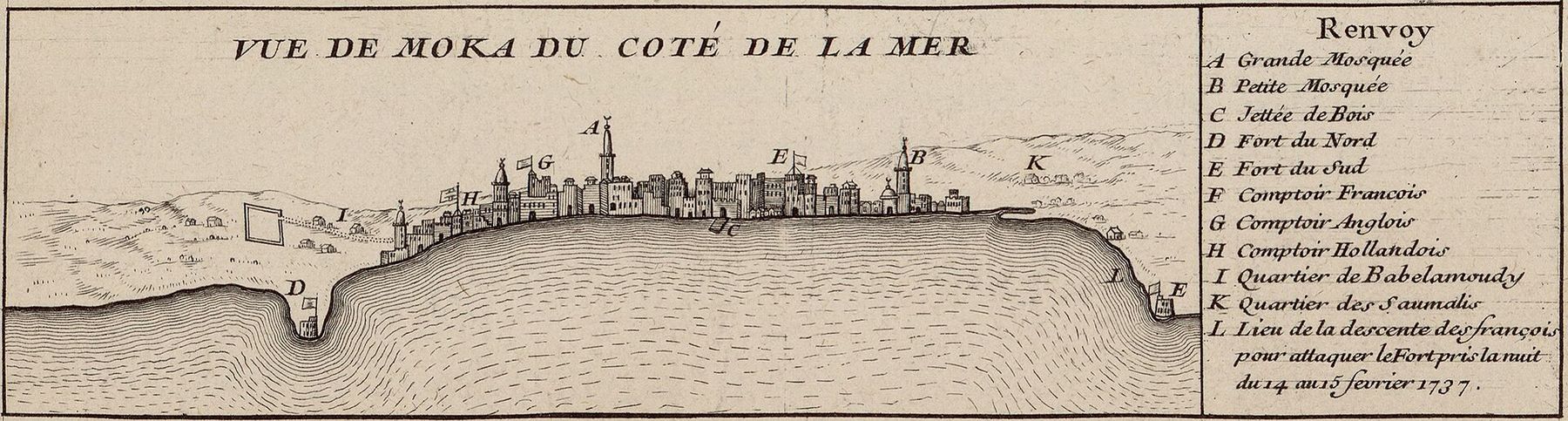 Engraving of the port of Mocha, Yemen, seen from the sea in 1737